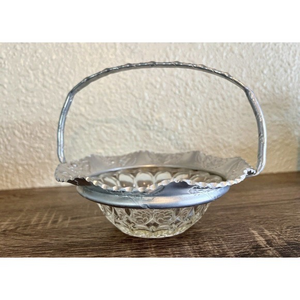 Vintage Hammered Aluminum Rose Pattern & Thumbprint Glass Candy Dish Bowl Basket